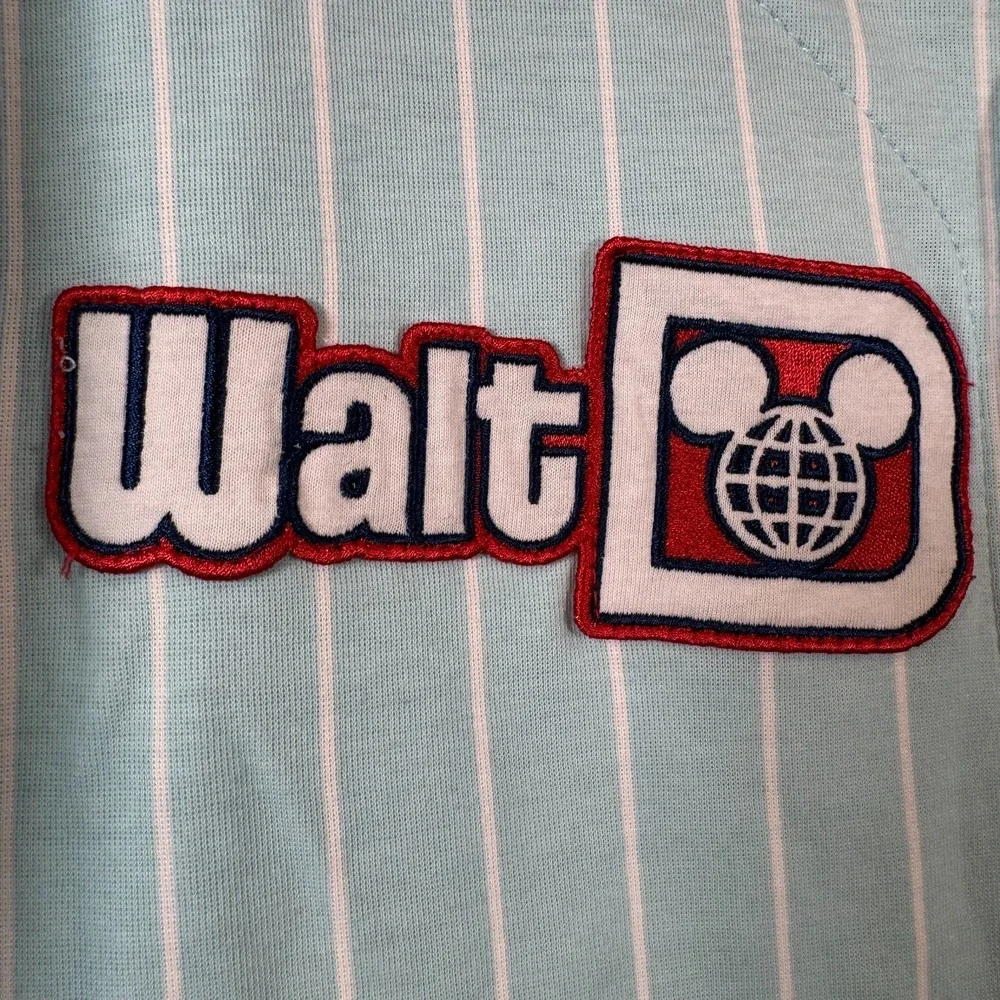 Walt Disney World Baseball Jersey Mens Large Pinstripe Shirt Mint Blue Snap